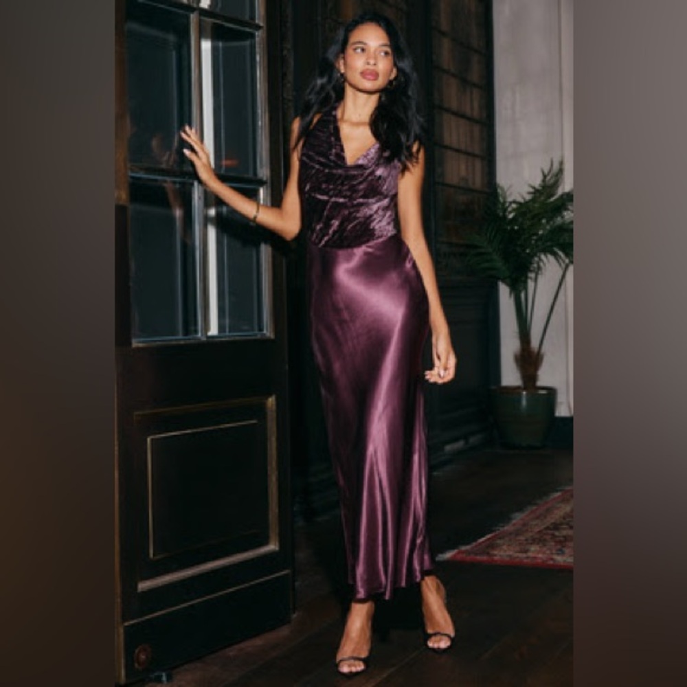 Plum Satin Maxi Dress with Draped Bodice